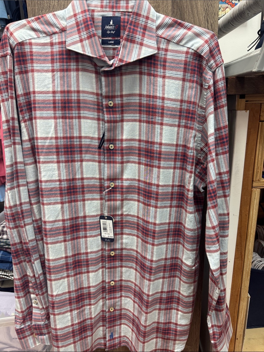 johnnie-O Red and Light Blue Plaid Button-Down Shirt